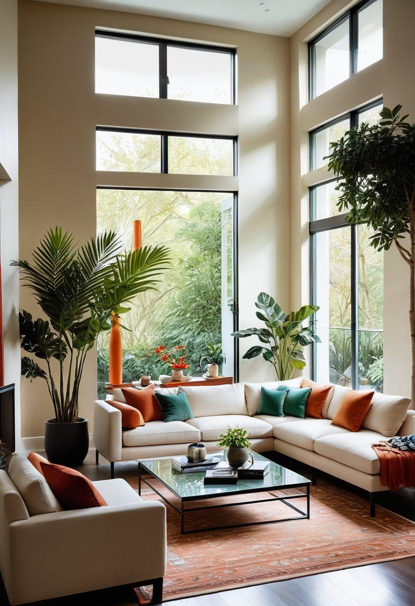 A beautifully designed living room showcasing modern furniture with sleek lines, a stylish coffee table, and vibrant decor accents. Incorporate large windows letting in natural light, house plants for a touch of freshness, and a warm color palette to emphasize comfort and style. Depict an inviting atmosphere that balances aesthetics with functionality. super-realistic. vibrant colors. soft lighting.