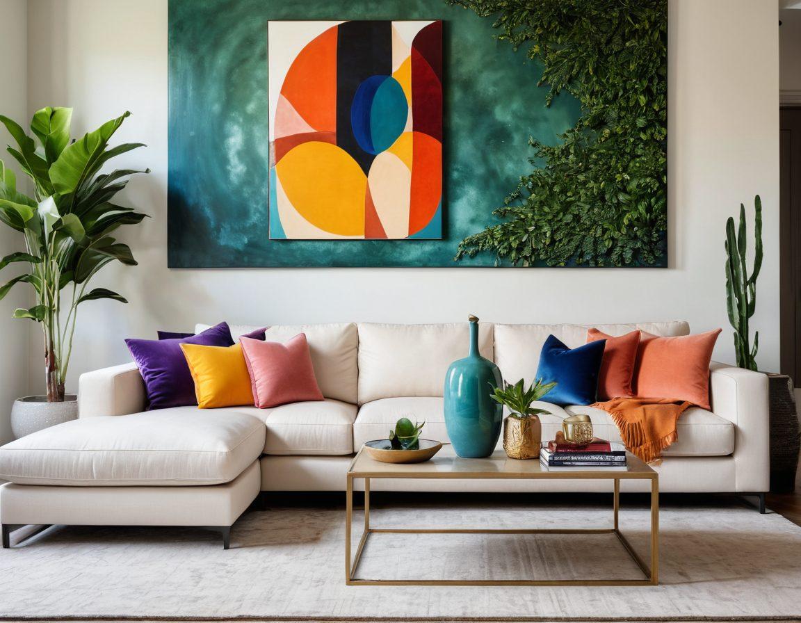 A stylish modern living room showcasing the latest furniture trends, featuring a sleek sectional sofa, a designer coffee table, and vibrant decorative accents. The space should be filled with natural light, emphasizing the harmonious blend of textures and colors, while incorporating greenery for a refreshing touch. Include a creative wall art piece that reflects contemporary design. super-realistic. vibrant colors. elegant atmosphere.