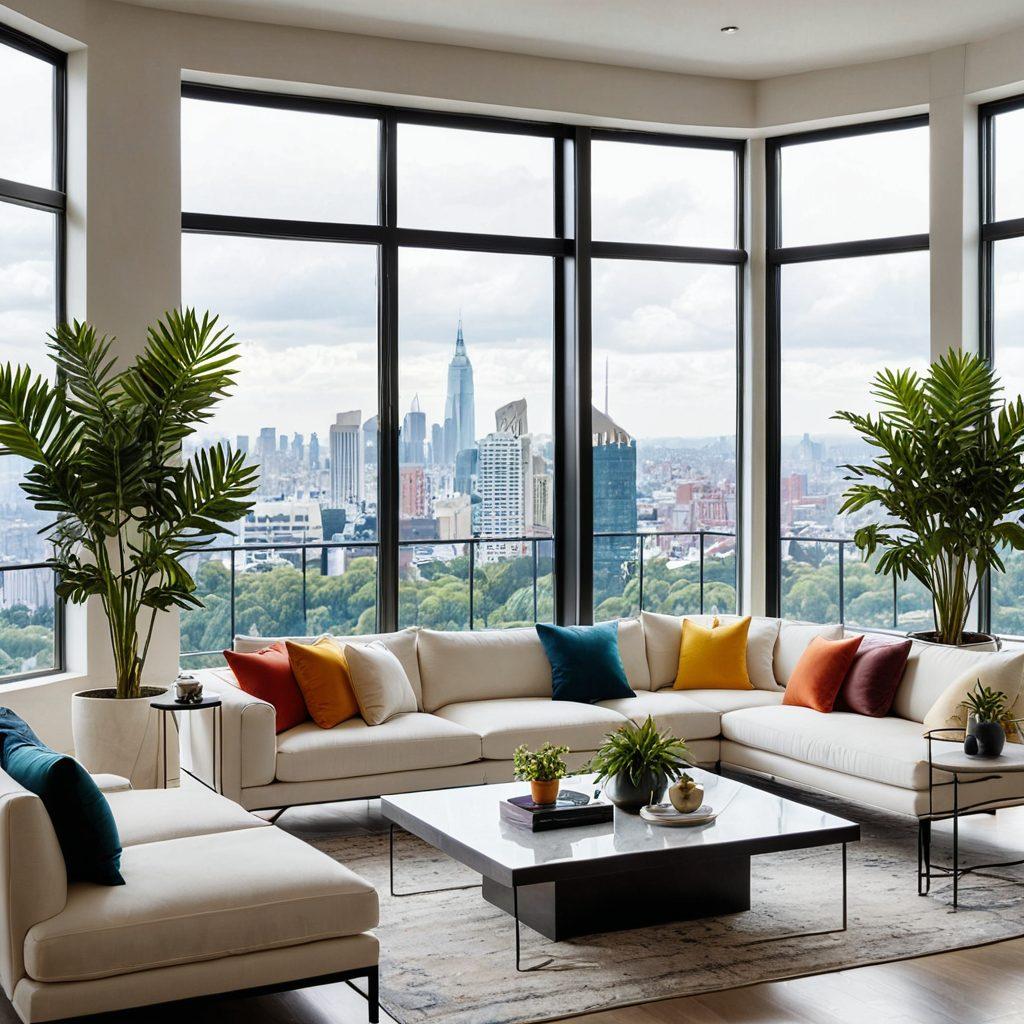 An elegantly styled living room featuring modern furniture with sleek lines and vibrant cushions. Include a mix of indoor plants and contemporary decor pieces, such as abstract art on the walls and a chic coffee table. The room should be well-lit, creating a cozy atmosphere with warm tones. Incorporate a window with natural light streaming in, showcasing a view of a city skyline. super-realistic. vibrant colors. airy and light ambiance.